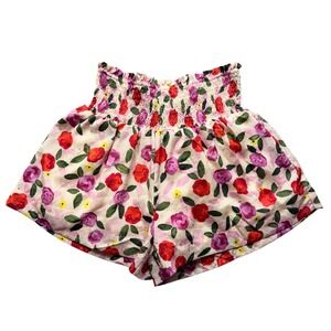 TLEC Women Floral Smocked High Waist Shorts Pink Red Rose Print SZ S Boho Chic